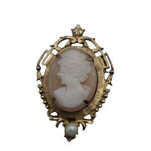 Gold Plated Cameo Brooch Genuine Pearl Accent Fancy Oval Frame